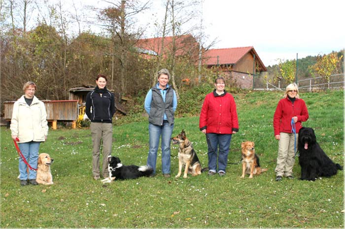 von links nach rechts: Birgit u. Robbi, Doro u. Benny, Trainerin Martina mit ihrer Bailey, Renate und Bobby sowie Marianne u. Legolas